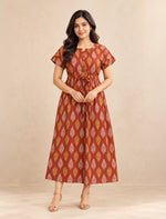 Ethnic Paisley Print Front Tie Cotton Gathering Maxi for Women | Mangai Nighties