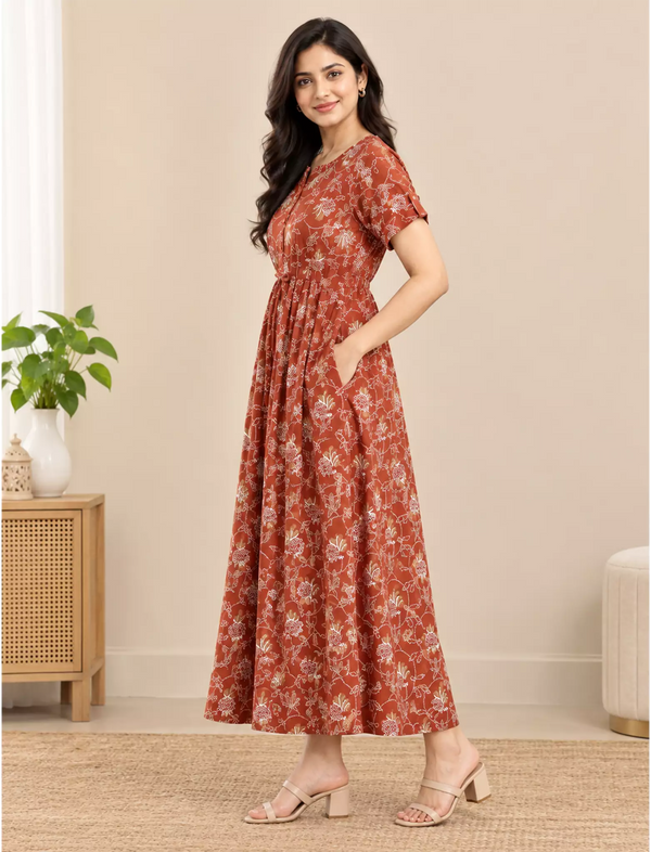 Floral Print Cotton Gathered Maxi Frock with Tie Rope | Mangai Nighties