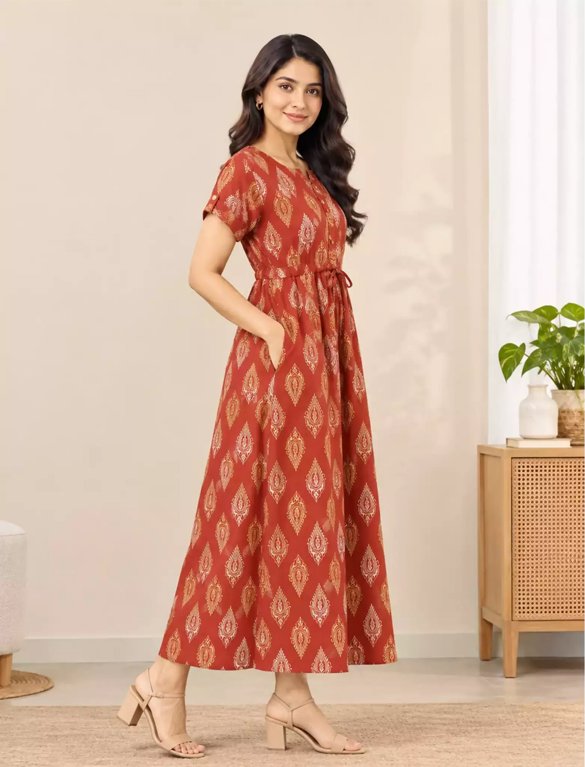 Ethnic Paisley Print Front Tie Cotton Gathering Maxi for Women | Mangai Nighties
