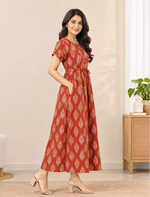 Ethnic Paisley Print Front Tie Cotton Gathering Maxi for Women | Mangai Nighties