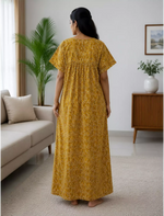 Leaf Printed Cotton Front Zip Pleated Nighty With Round Neck - Mangai Nighties