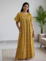 Leaf Printed Cotton Front Zip Pleated Nighty With Round Neck - Mangai Nighties
