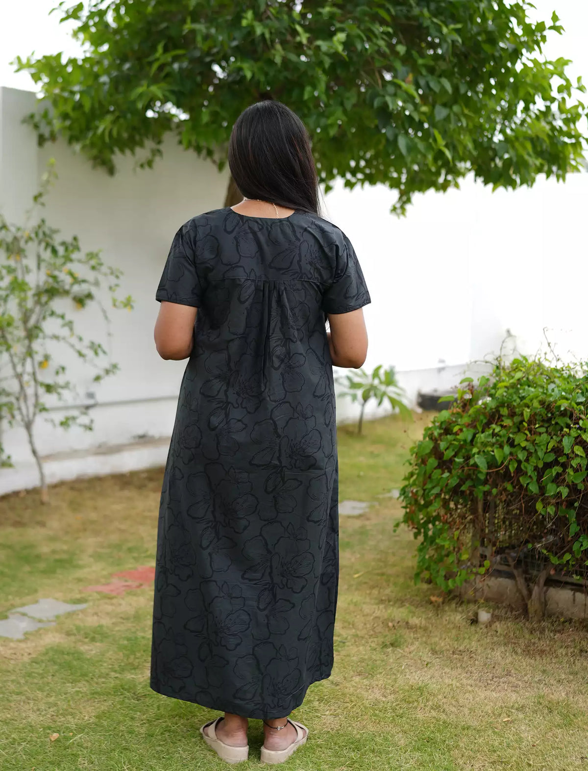Floral Print Cotton Pleated Nighty with Side Pocket | Mangai Nighties