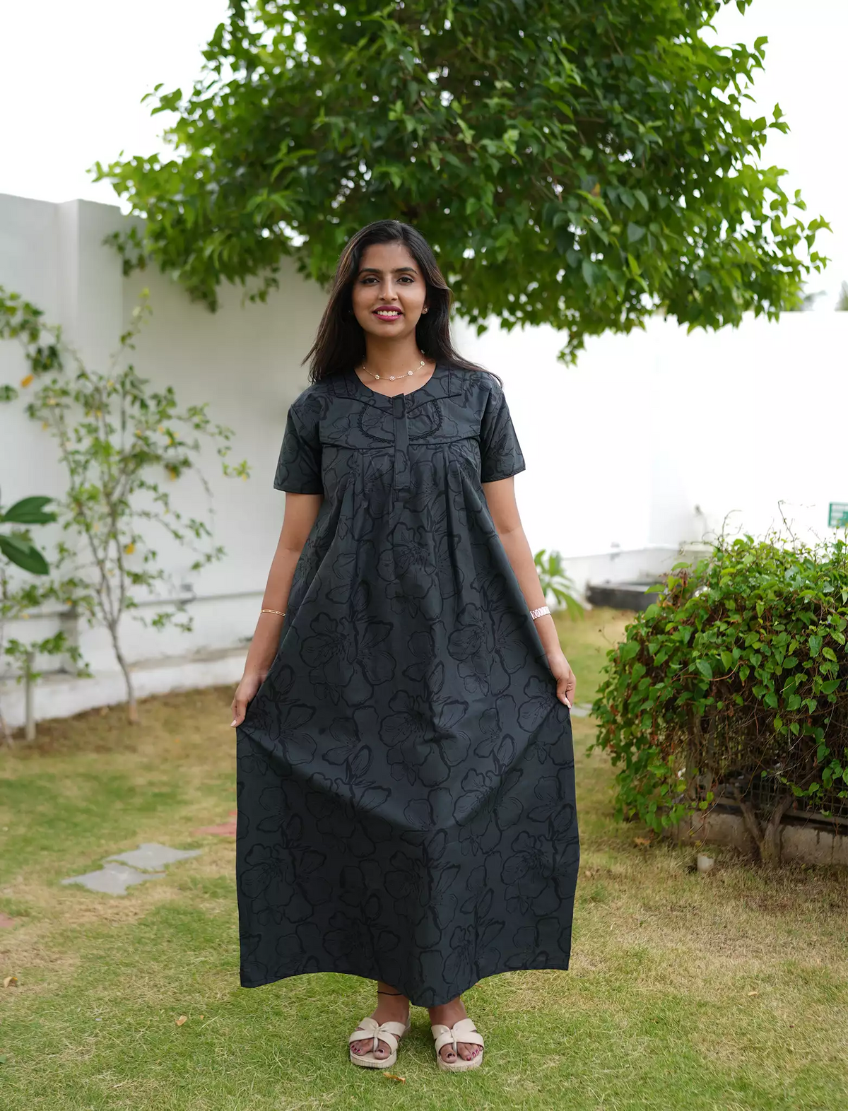 Floral Print Cotton Pleated Nighty with Side Pocket | Mangai Nighties