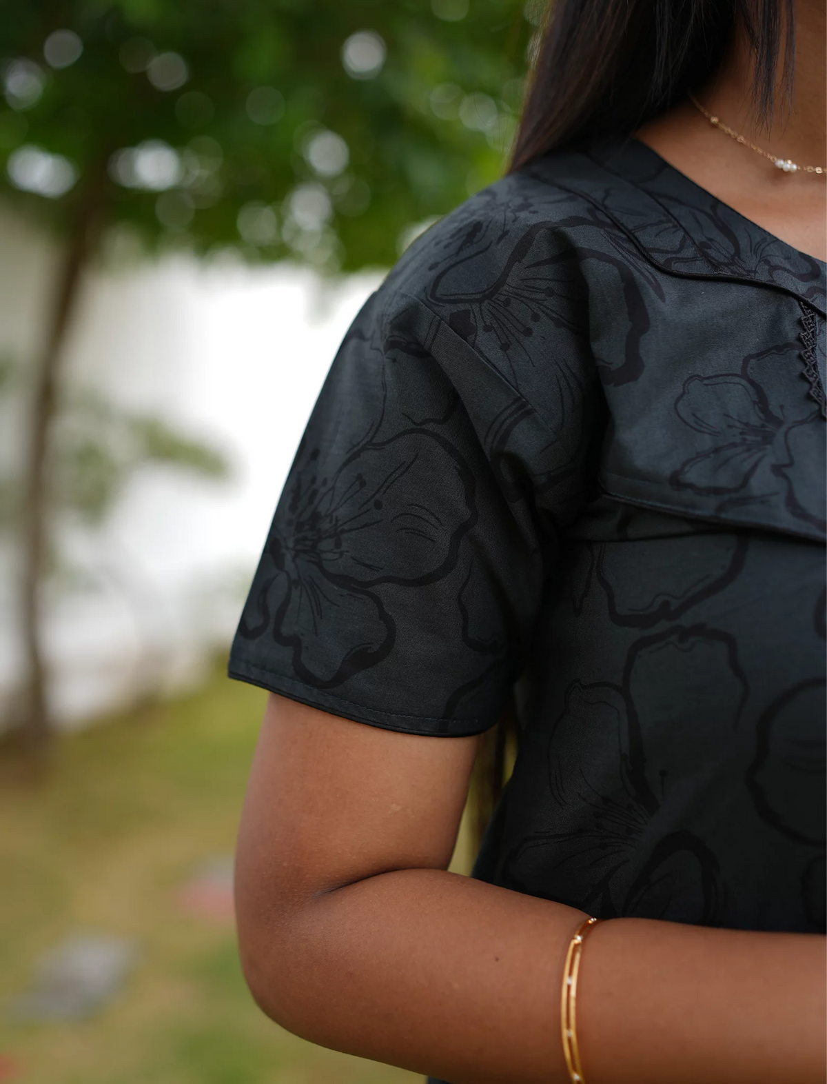 Floral Print Cotton Pleated Nighty with Side Pocket | Mangai Nighties