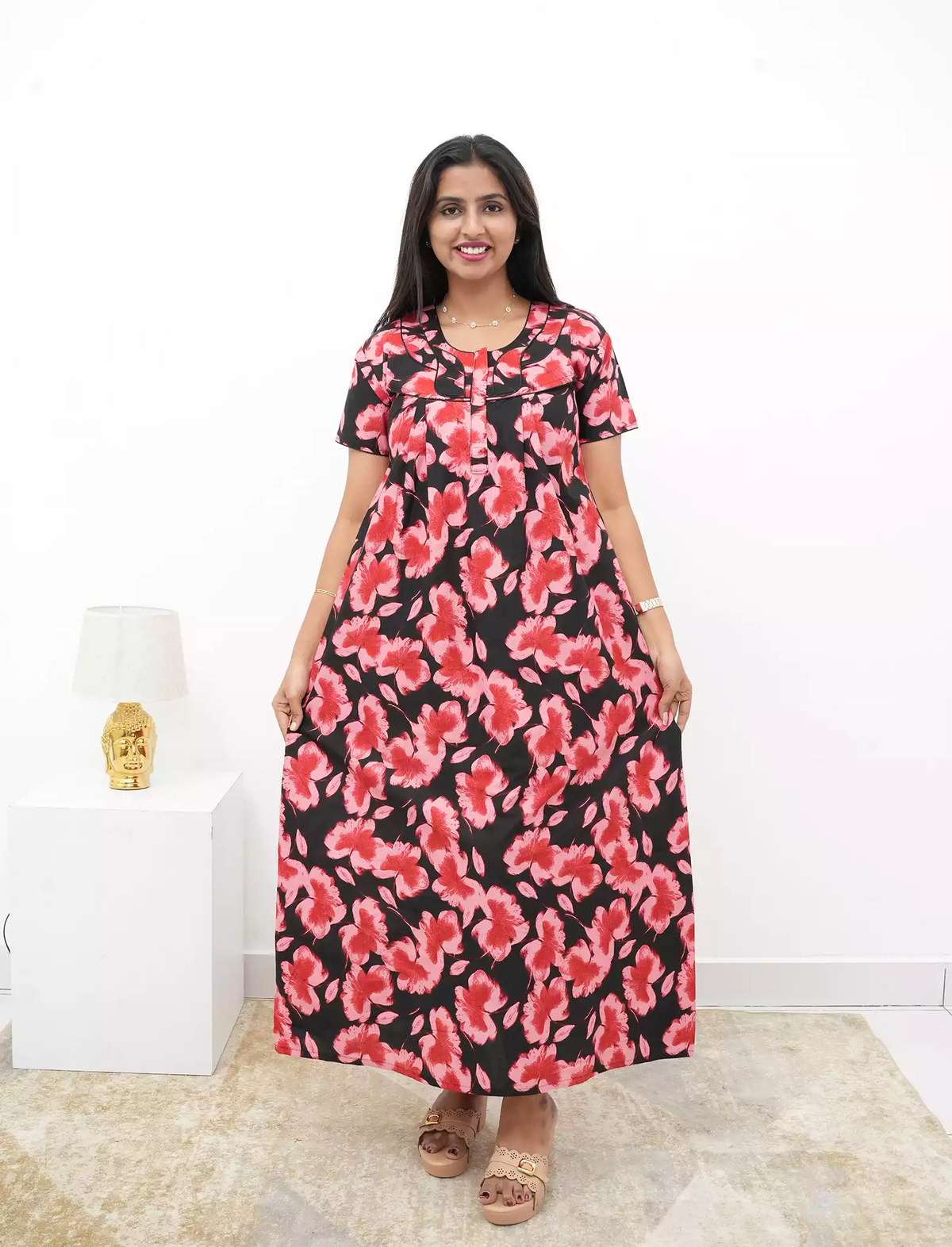 Floral Print Cotton Daily Wear Pleated Nighty with Front Zip | Mangai Nighties
