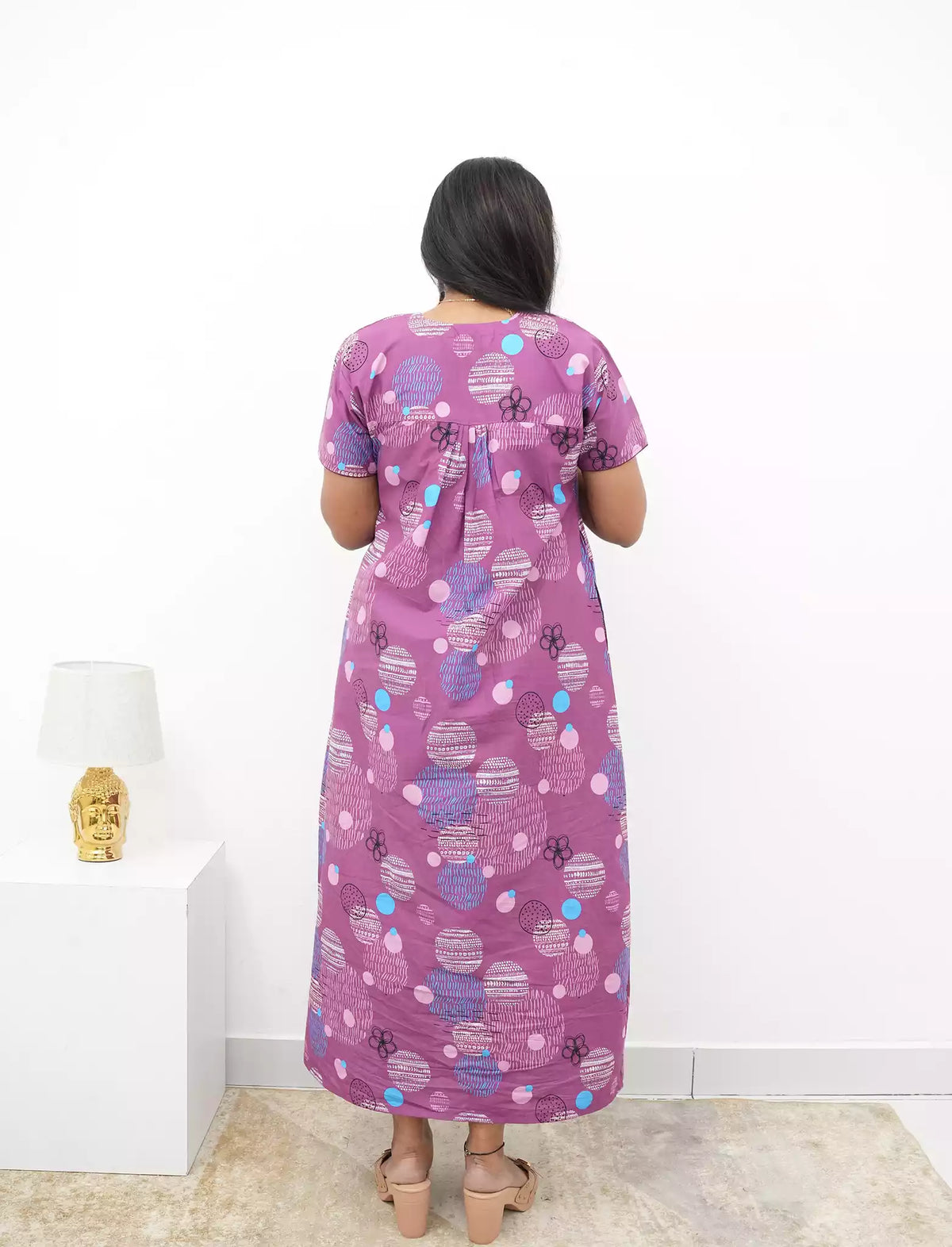 Abstract Cotton Pleated Nightdress with Side Pocket | Mangai Nighties