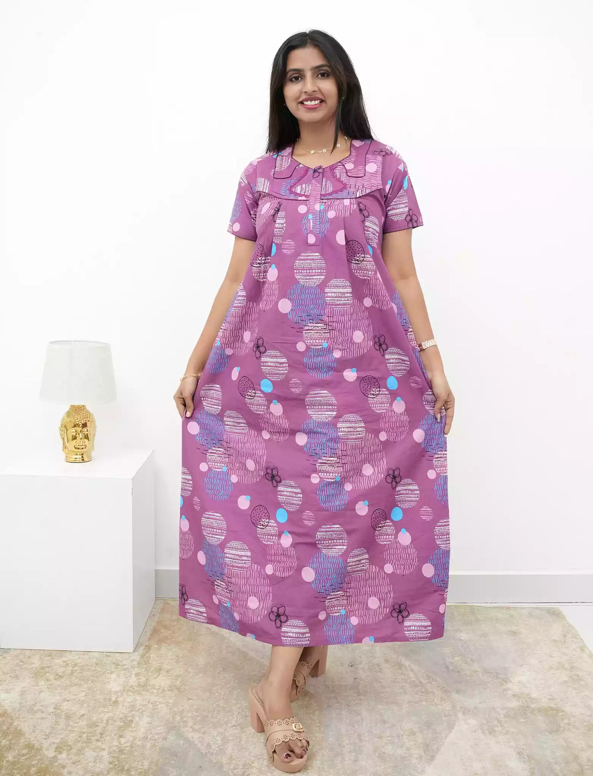 Abstract Cotton Pleated Nightdress with Side Pocket | Mangai Nighties