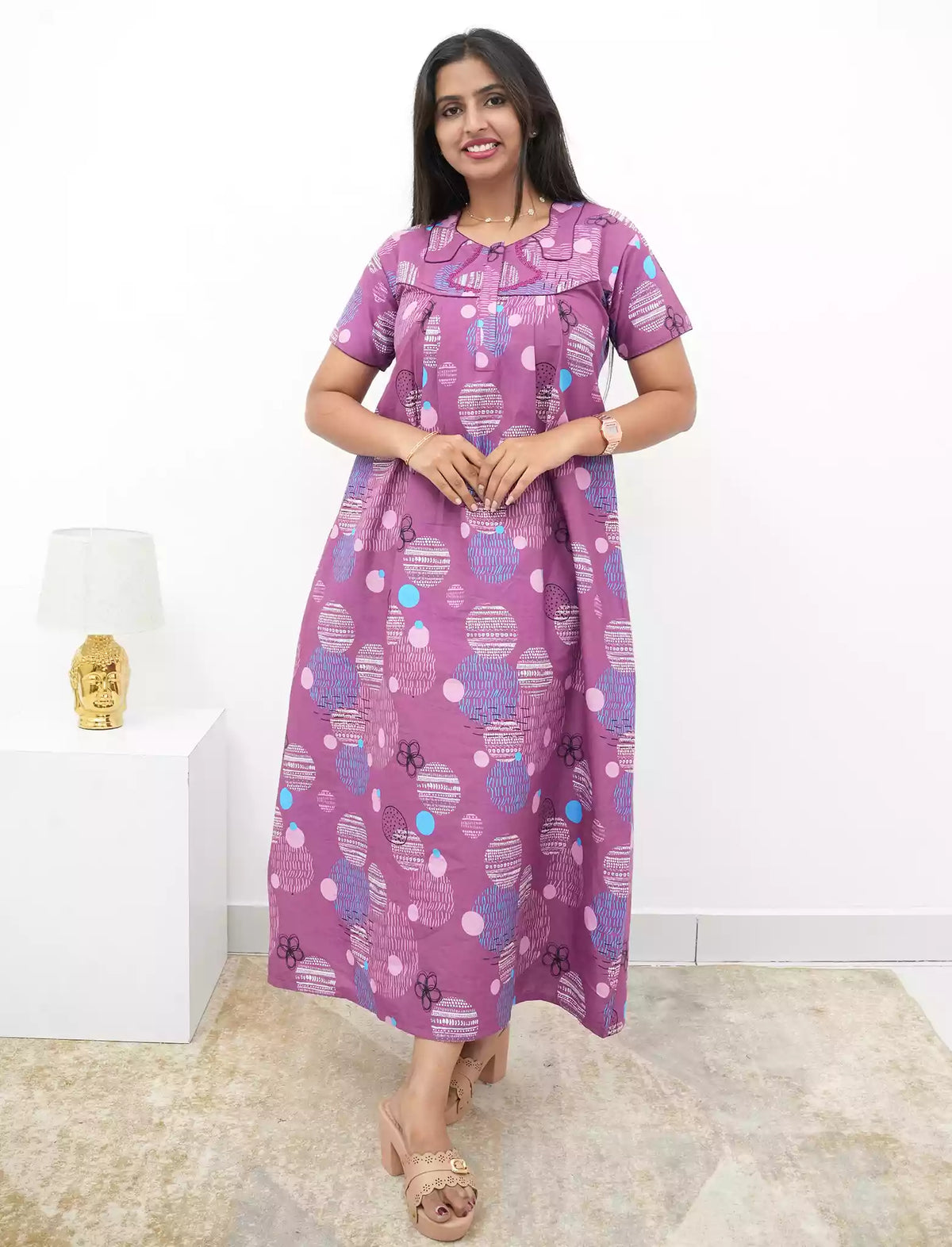 Abstract Cotton Pleated Nightdress with Side Pocket | Mangai Nighties