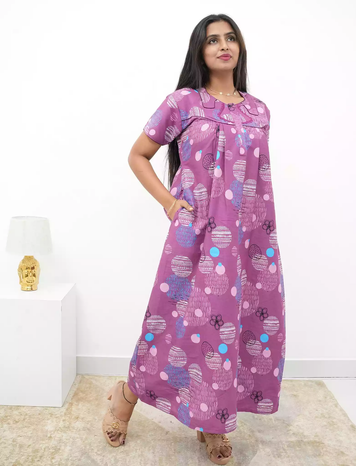 Abstract Cotton Pleated Nightdress with Side Pocket | Mangai Nighties