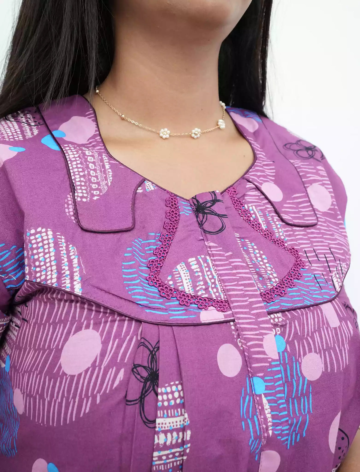 Abstract Cotton Pleated Nightdress with Side Pocket | Mangai Nighties
