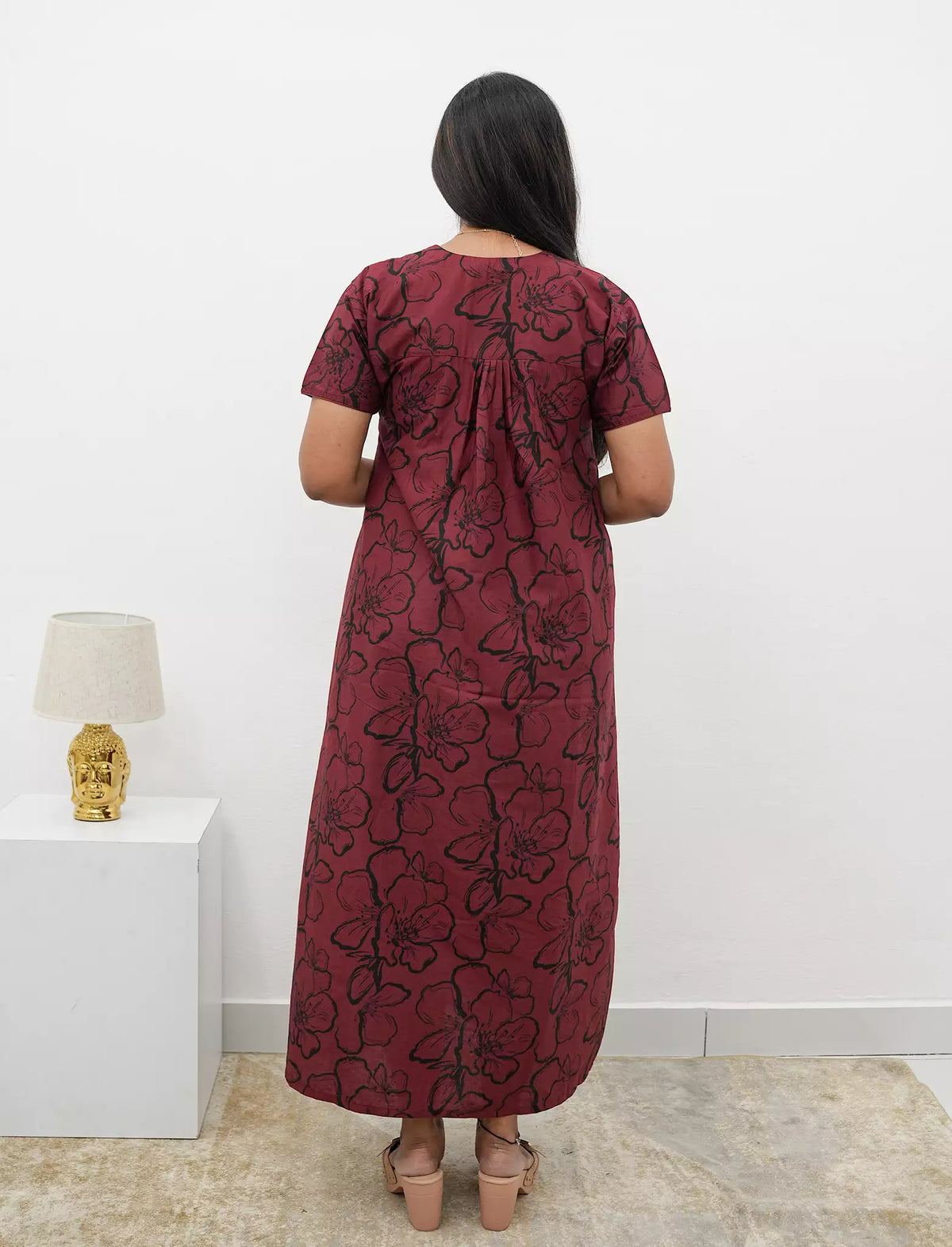 Floral Print Cotton Pleated Nighty with Side Pocket | Mangai Nighties