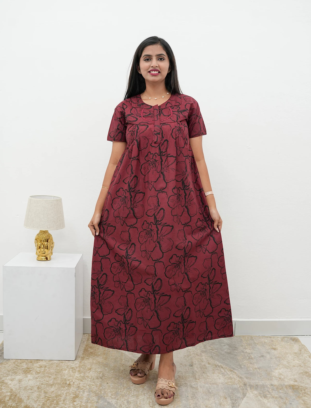 Floral Print Cotton Pleated Nighty with Side Pocket | Mangai Nighties