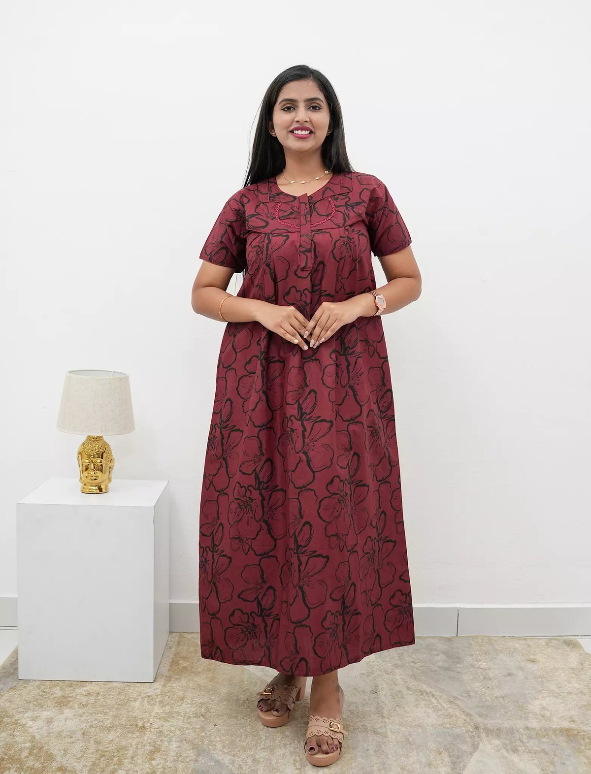 Floral Print Cotton Pleated Nighty with Side Pocket | Mangai Nighties
