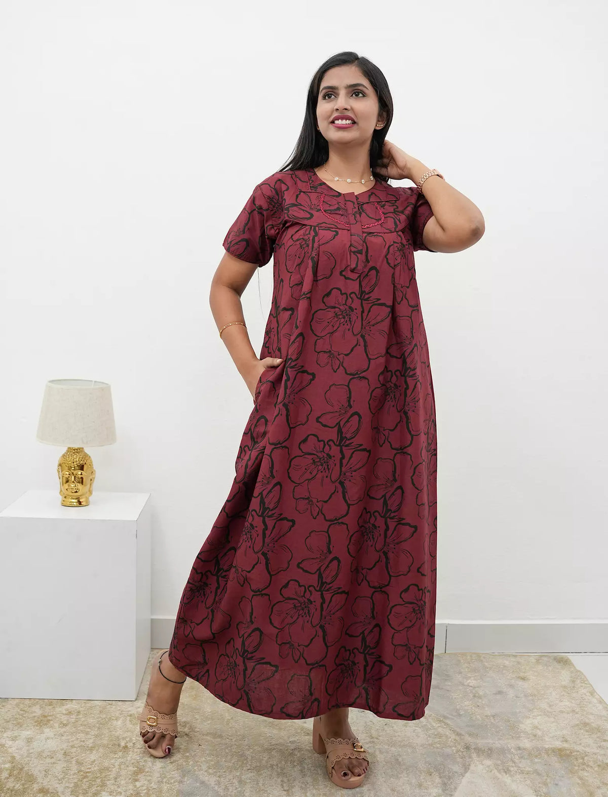 Floral Print Cotton Pleated Nighty with Side Pocket | Mangai Nighties