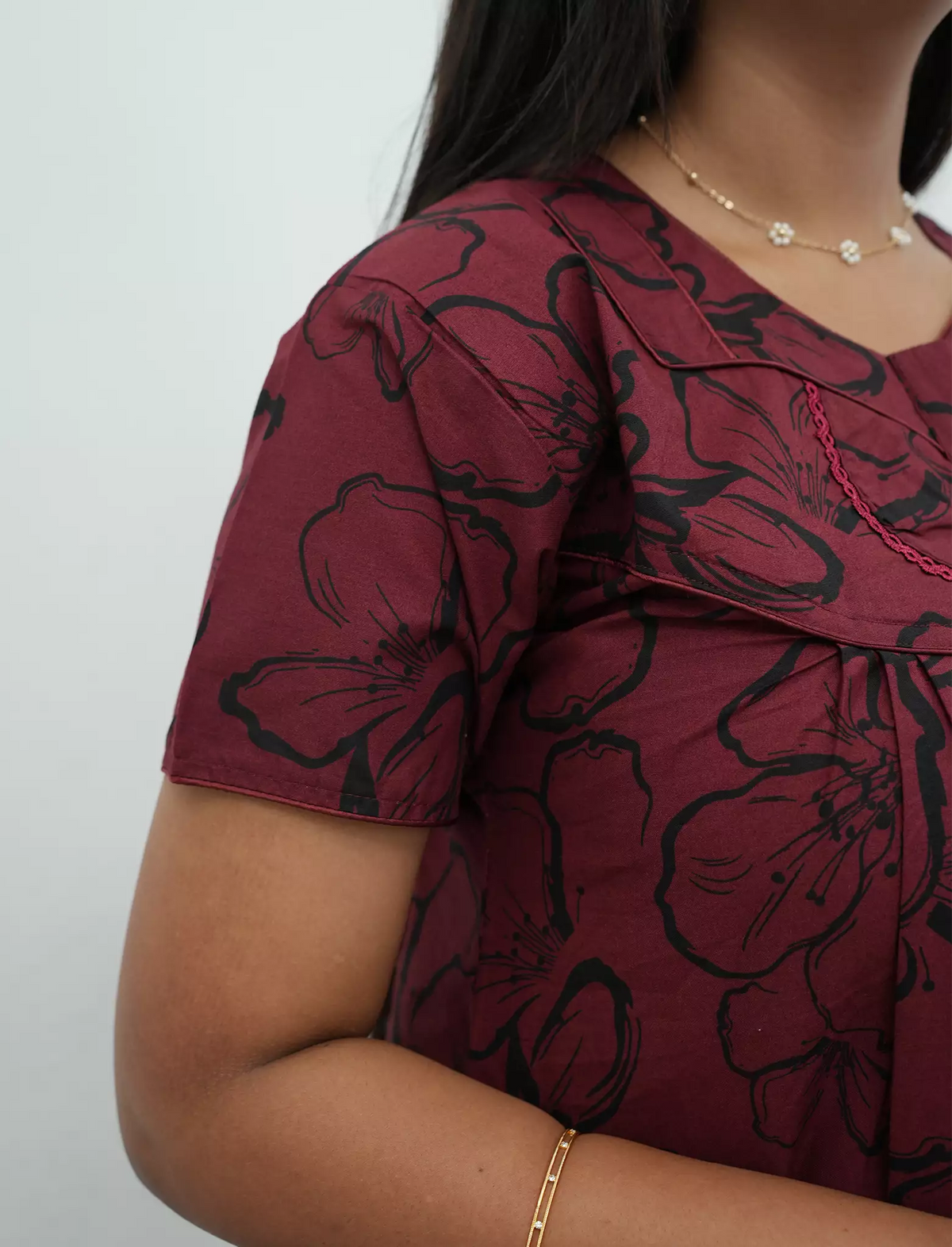 Floral Print Cotton Pleated Nighty with Side Pocket | Mangai Nighties
