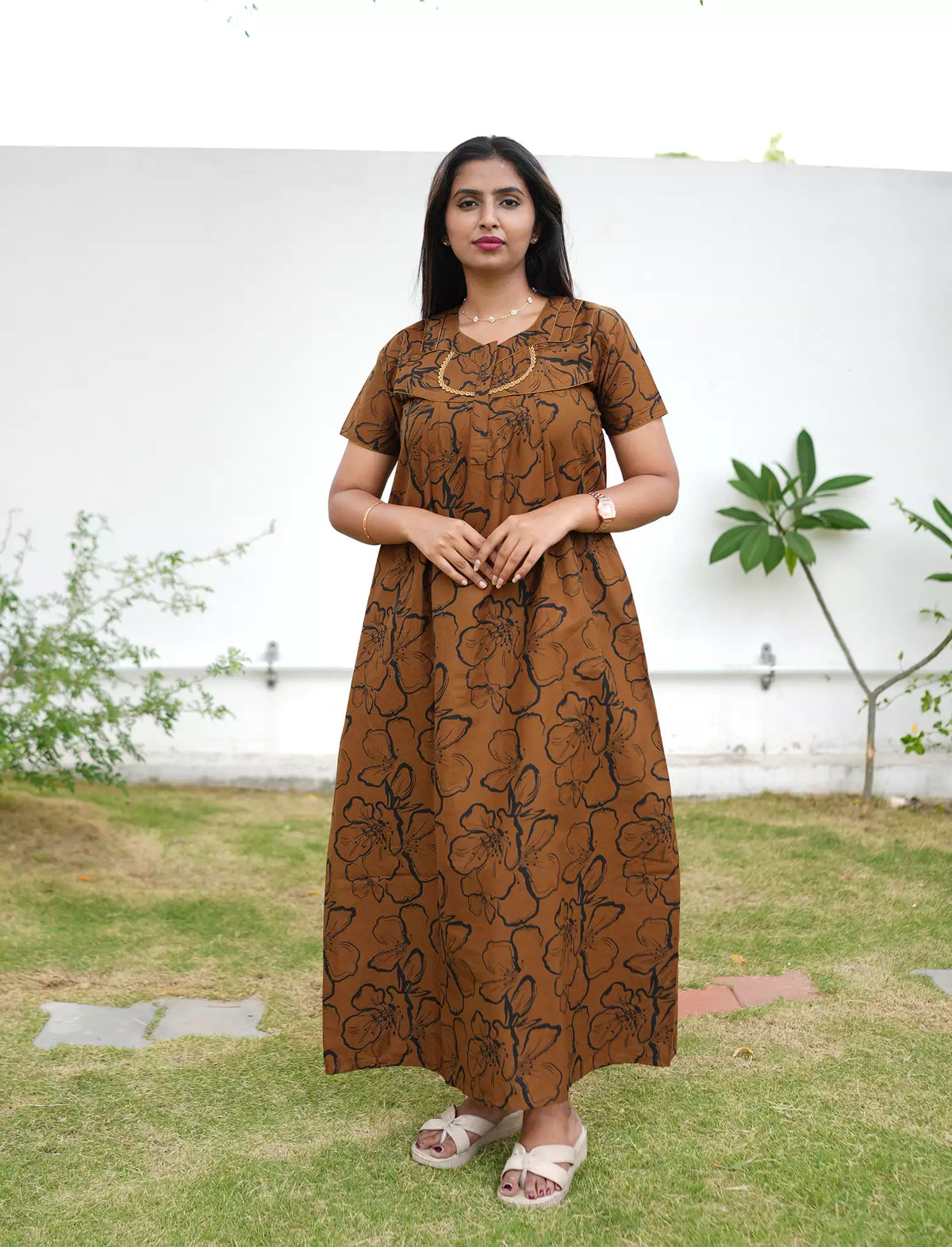 Floral Print Cotton Pleated Nighty with Side Pocket | Mangai Nighties
