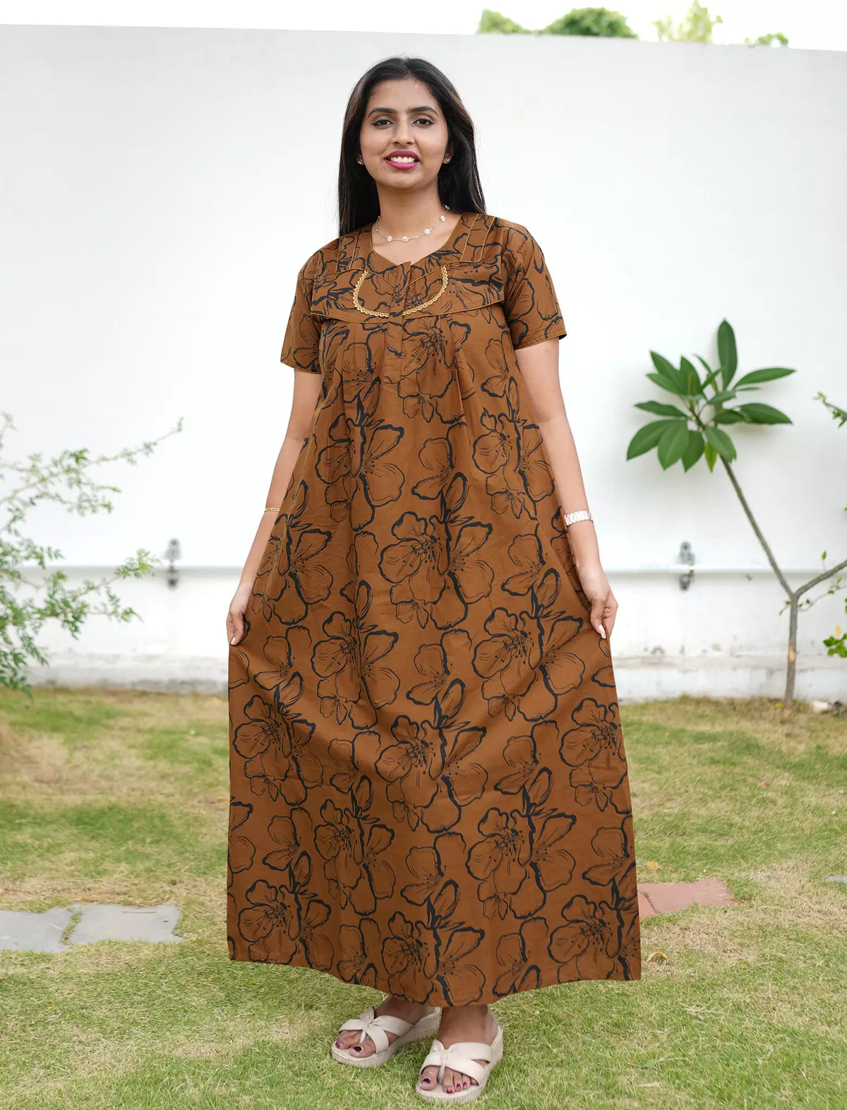 Floral Print Cotton Pleated Nighty with Side Pocket | Mangai Nighties