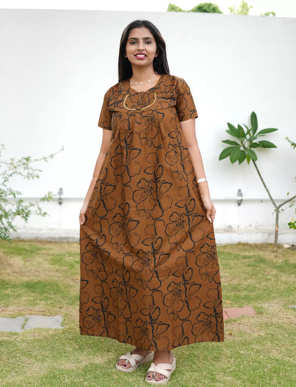 Floral Print Cotton Pleated Nighty with Side Pocket | Mangai Nighties