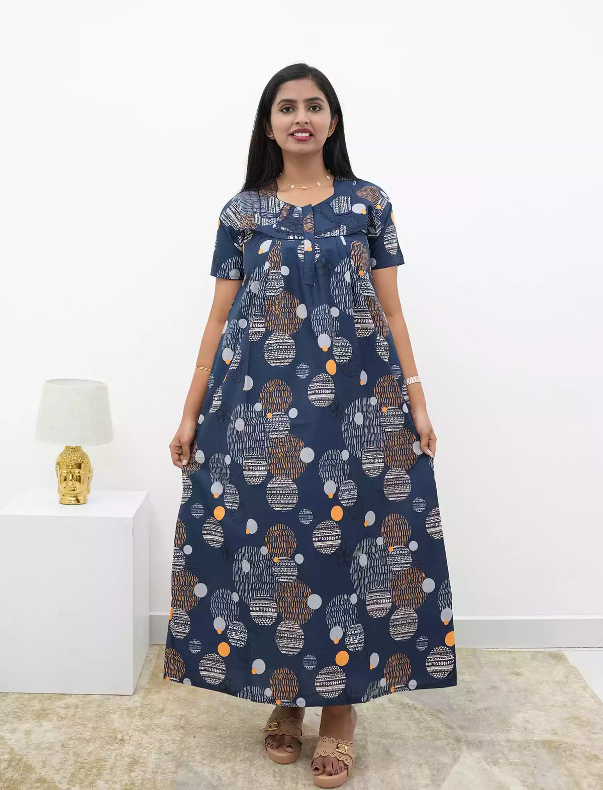 Abstract Cotton Pleated Nightdress with Side Pocket | Mangai Nighties