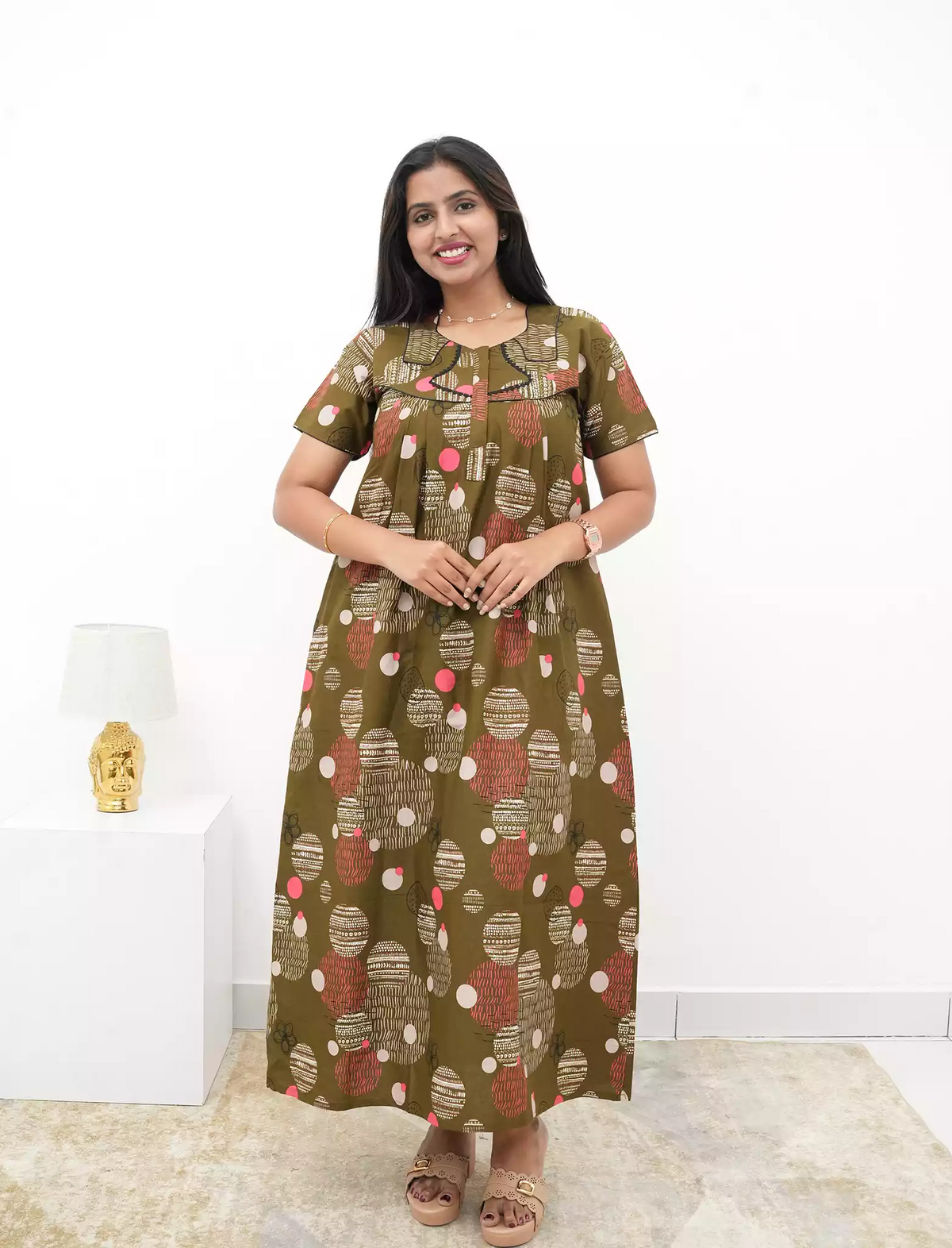 Abstract Cotton Pleated Nightdress with Side Pocket | Mangai Nighties