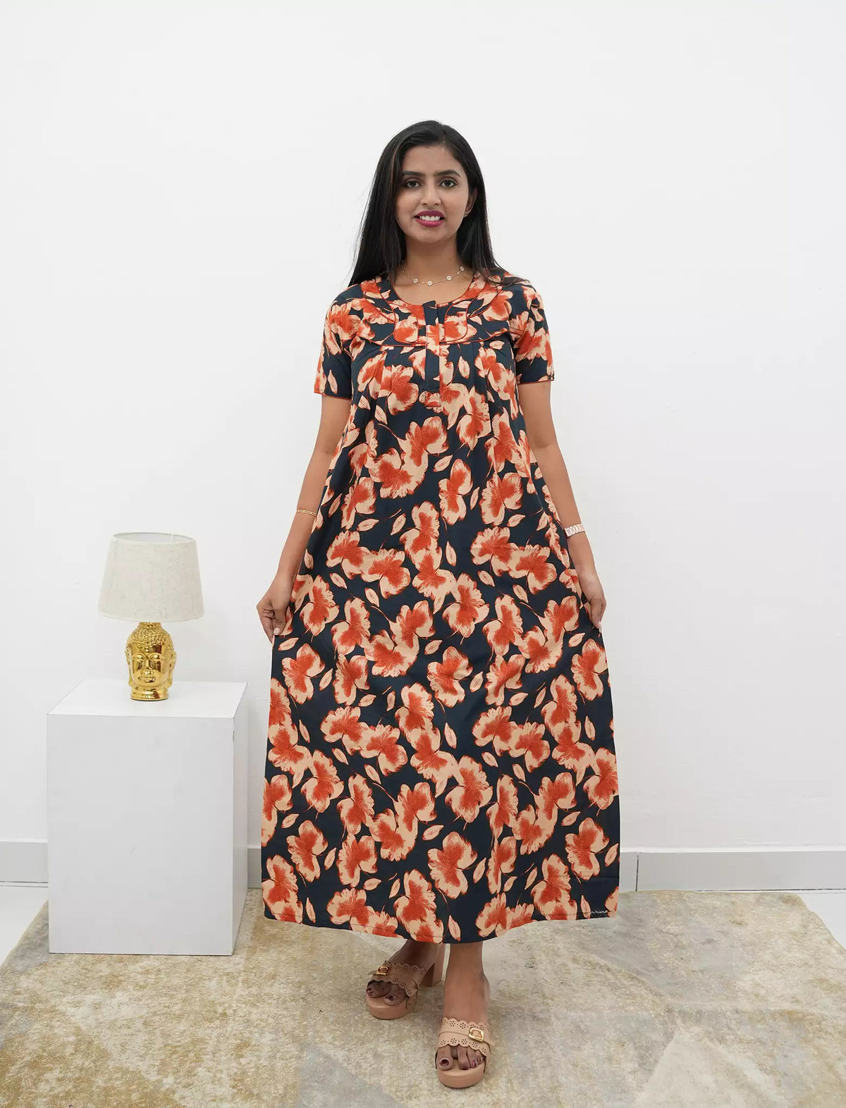 Floral Print Cotton Daily Wear Pleated Nighty with Front Zip | Mangai Nighties