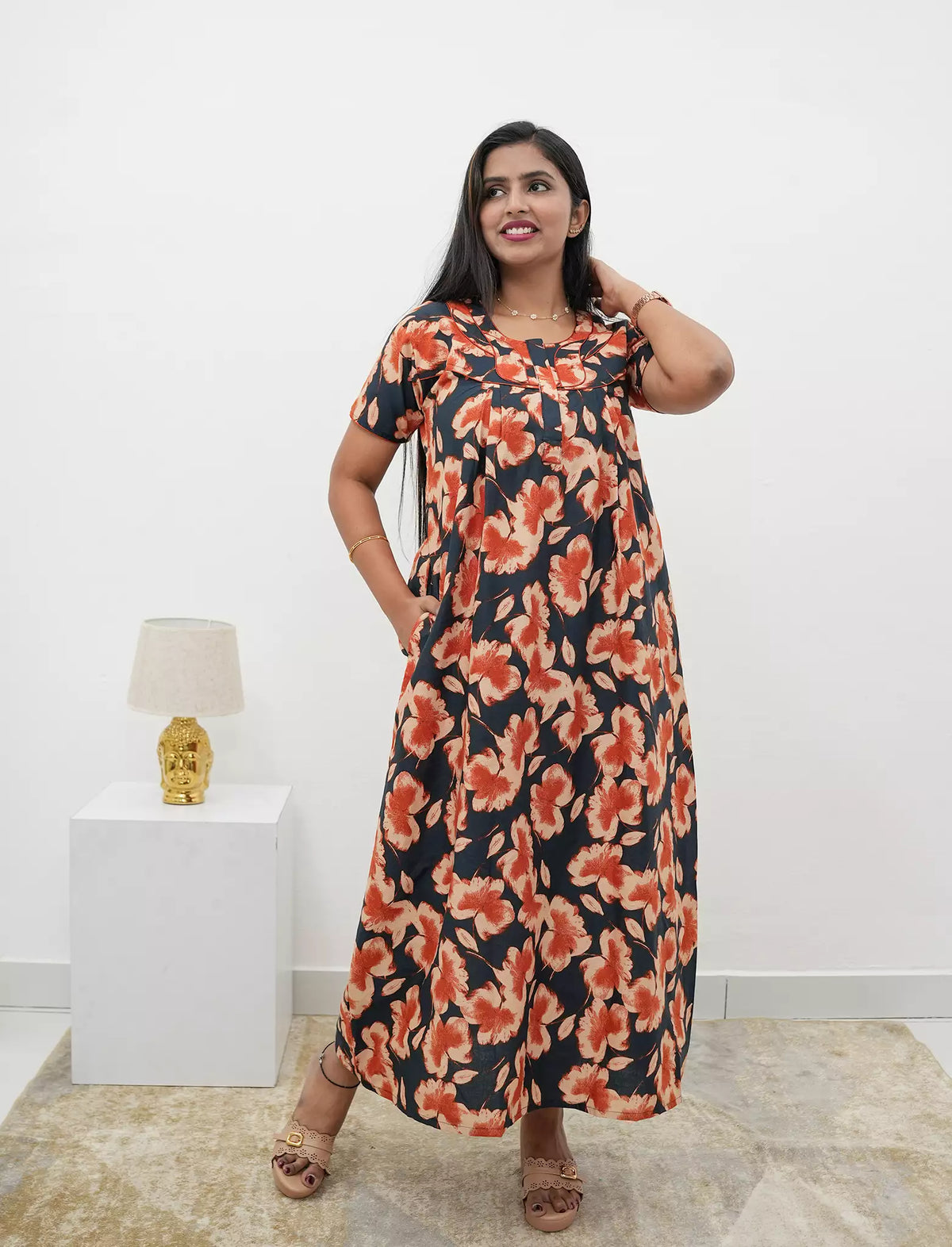 Floral Print Cotton Daily Wear Pleated Nighty with Front Zip | Mangai Nighties
