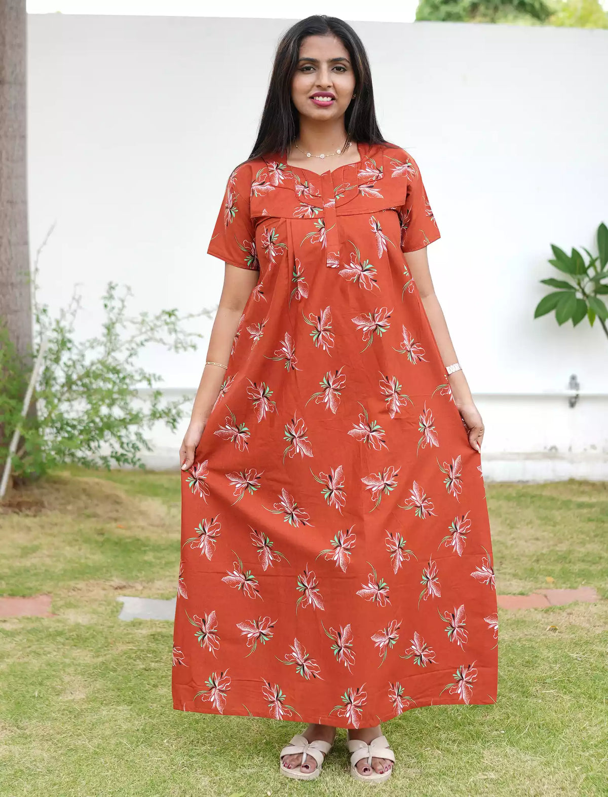 Elegant Floral Cotton Daily wear Nighty with Front Zip | Mangai Nighties