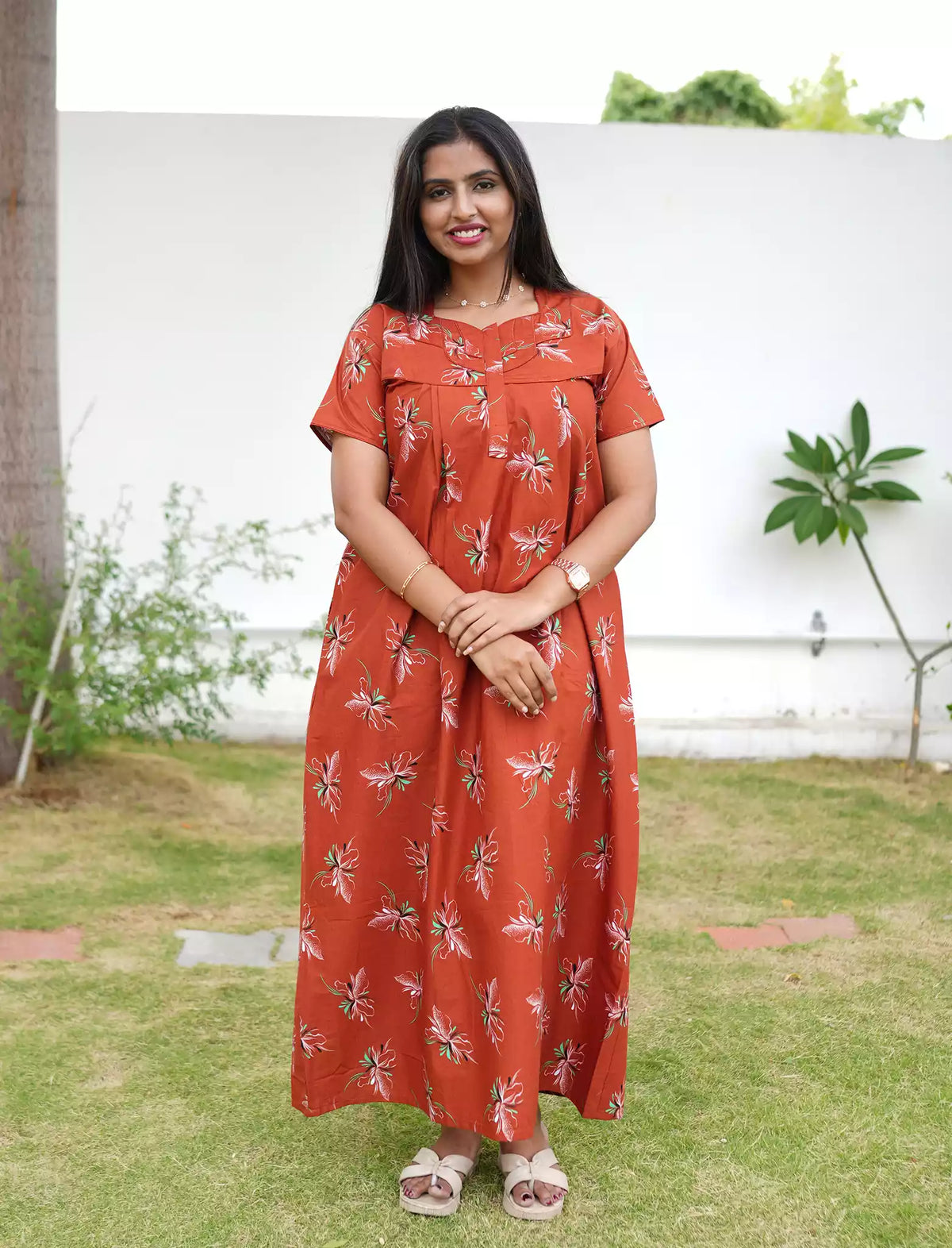 Elegant Floral Cotton Daily wear Nighty with Front Zip | Mangai Nighties