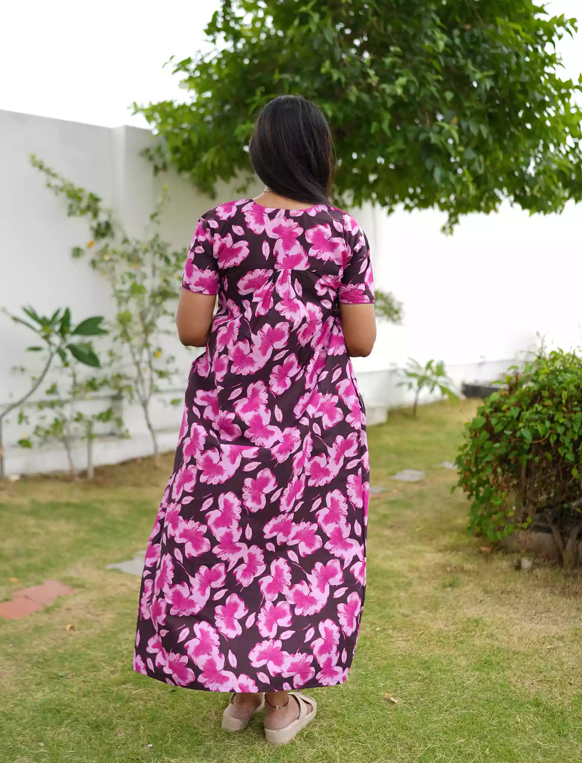 Floral Print Cotton Daily Wear Pleated Nighty with Front Zip | Mangai Nighties