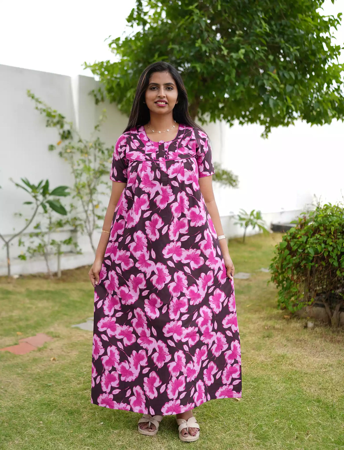 Floral Print Cotton Daily Wear Pleated Nighty with Front Zip | Mangai Nighties