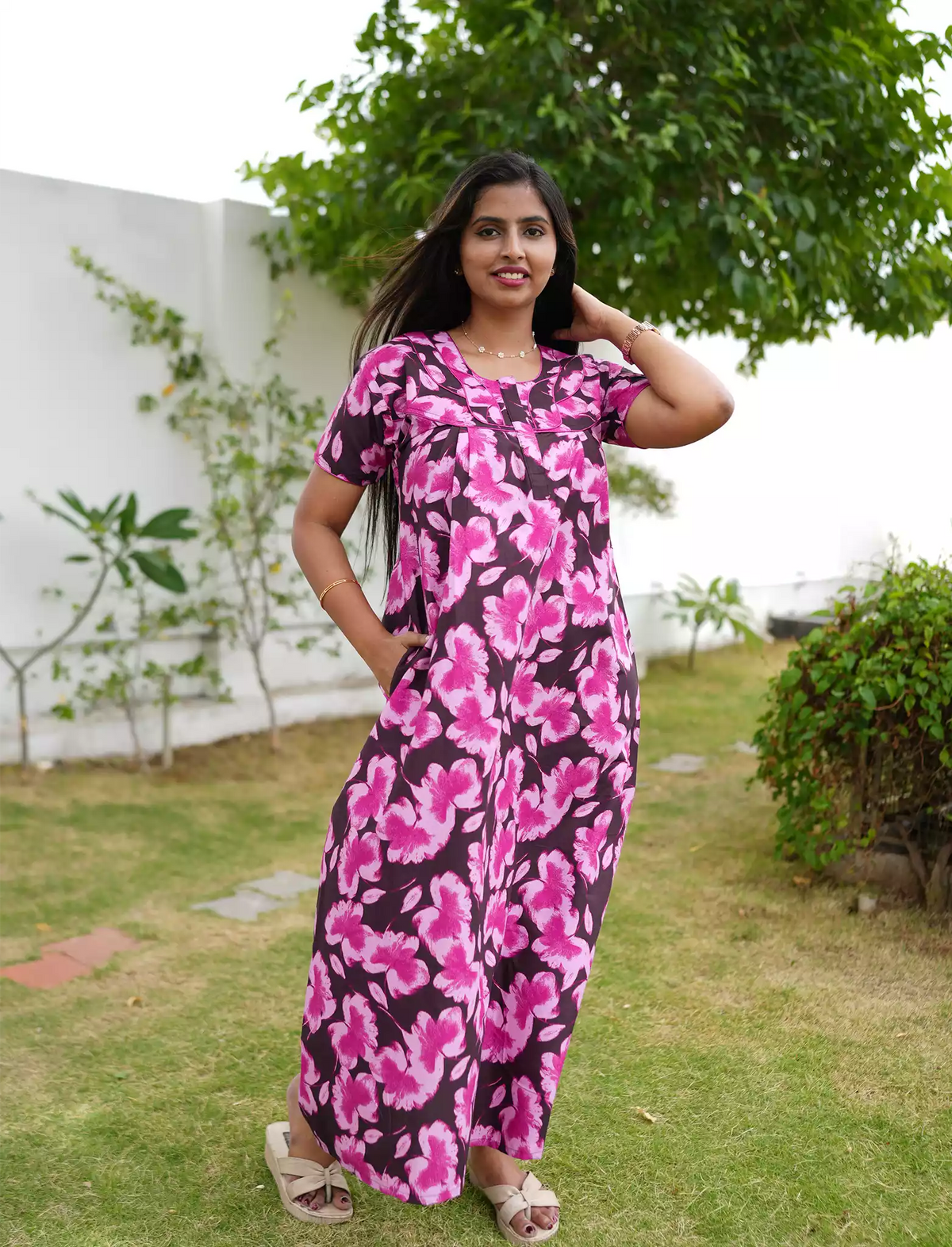 Floral Print Cotton Daily Wear Pleated Nighty with Front Zip | Mangai Nighties