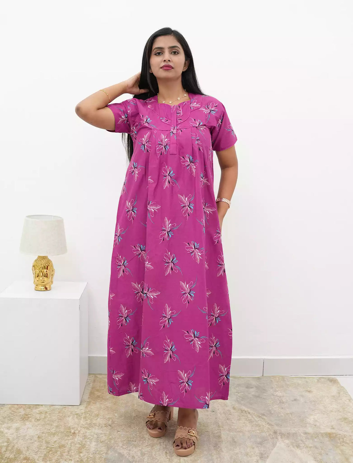 Elegant Floral Cotton Daily wear Nighty with Front Zip | Mangai Nighties