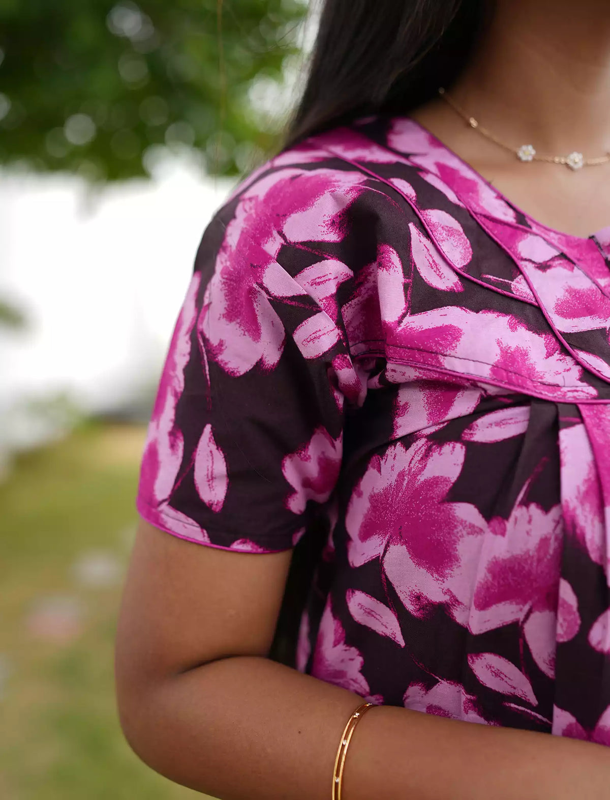 Floral Print Cotton Daily Wear Pleated Nighty with Front Zip | Mangai Nighties