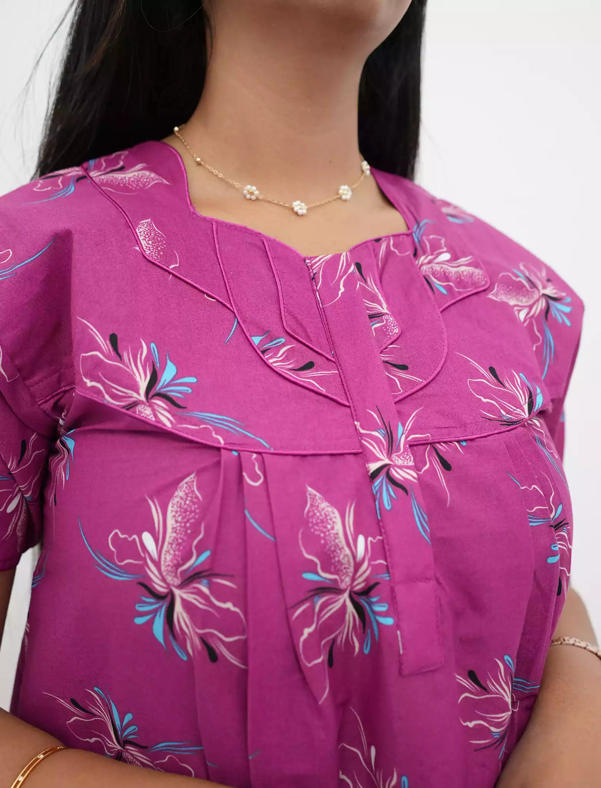 Elegant Floral Cotton Daily wear Nighty with Front Zip | Mangai Nighties