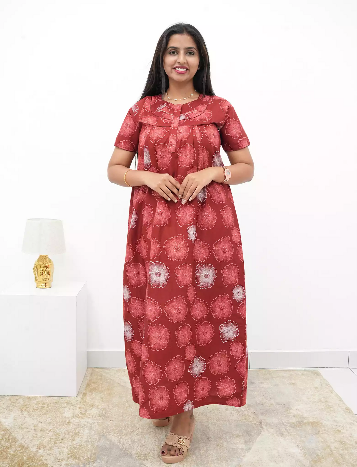Cotton Floral Printed Front Zipper Nighty with Pocket | Mangai Nighties
