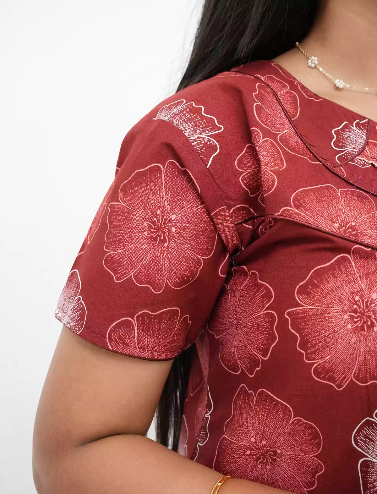 Cotton Floral Printed Front Zipper Nighty with Pocket | Mangai Nighties