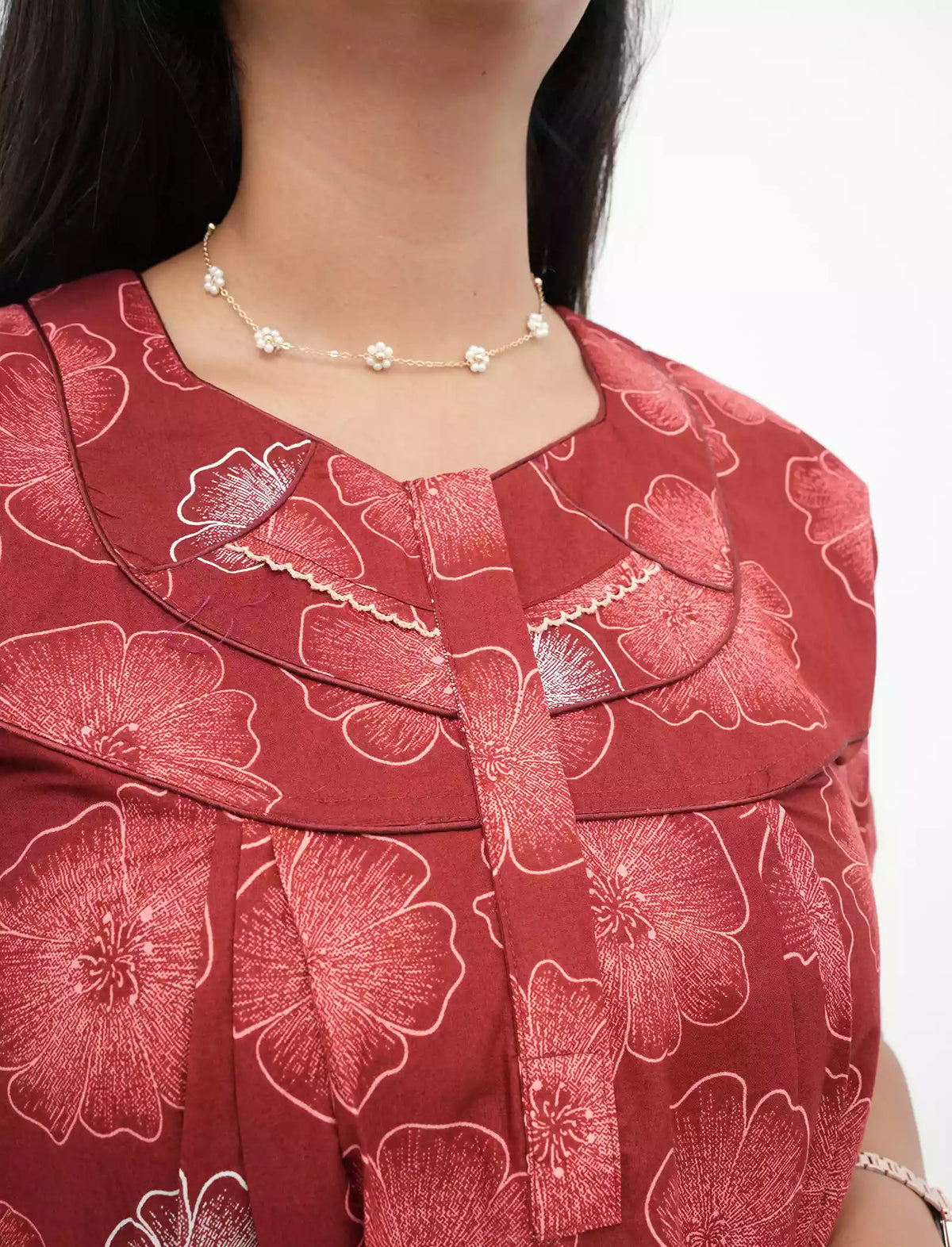 Cotton Floral Printed Front Zipper Nighty with Pocket | Mangai Nighties