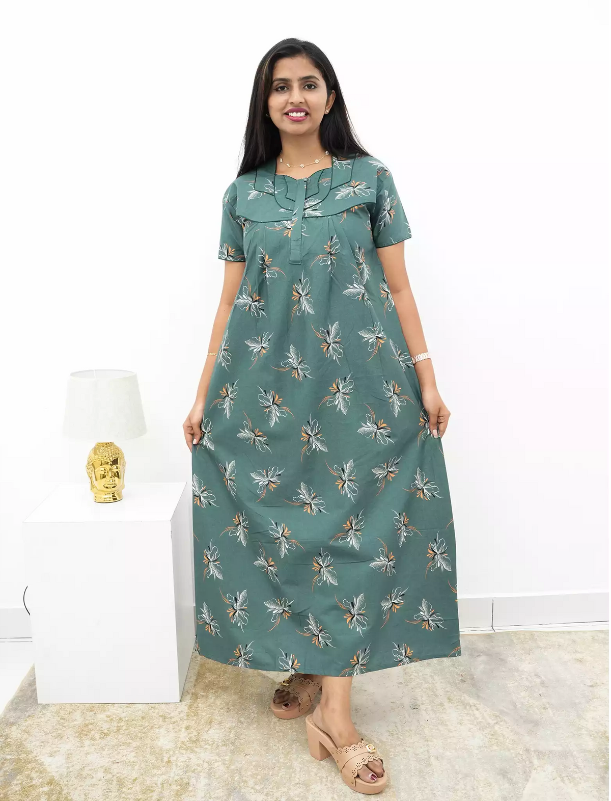 Elegant Floral Cotton Daily wear Nighty with Front Zip | Mangai Nighties