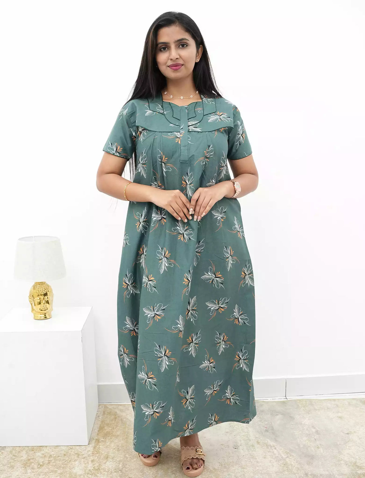 Elegant Floral Cotton Daily wear Nighty with Front Zip | Mangai Nighties