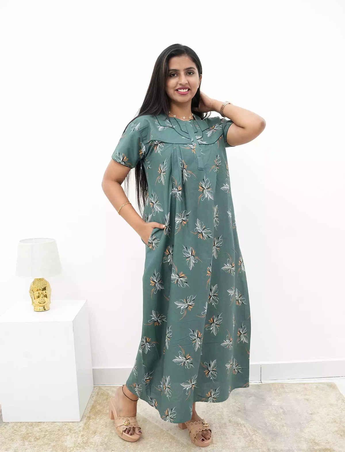 Elegant Floral Cotton Daily wear Nighty with Front Zip | Mangai Nighties