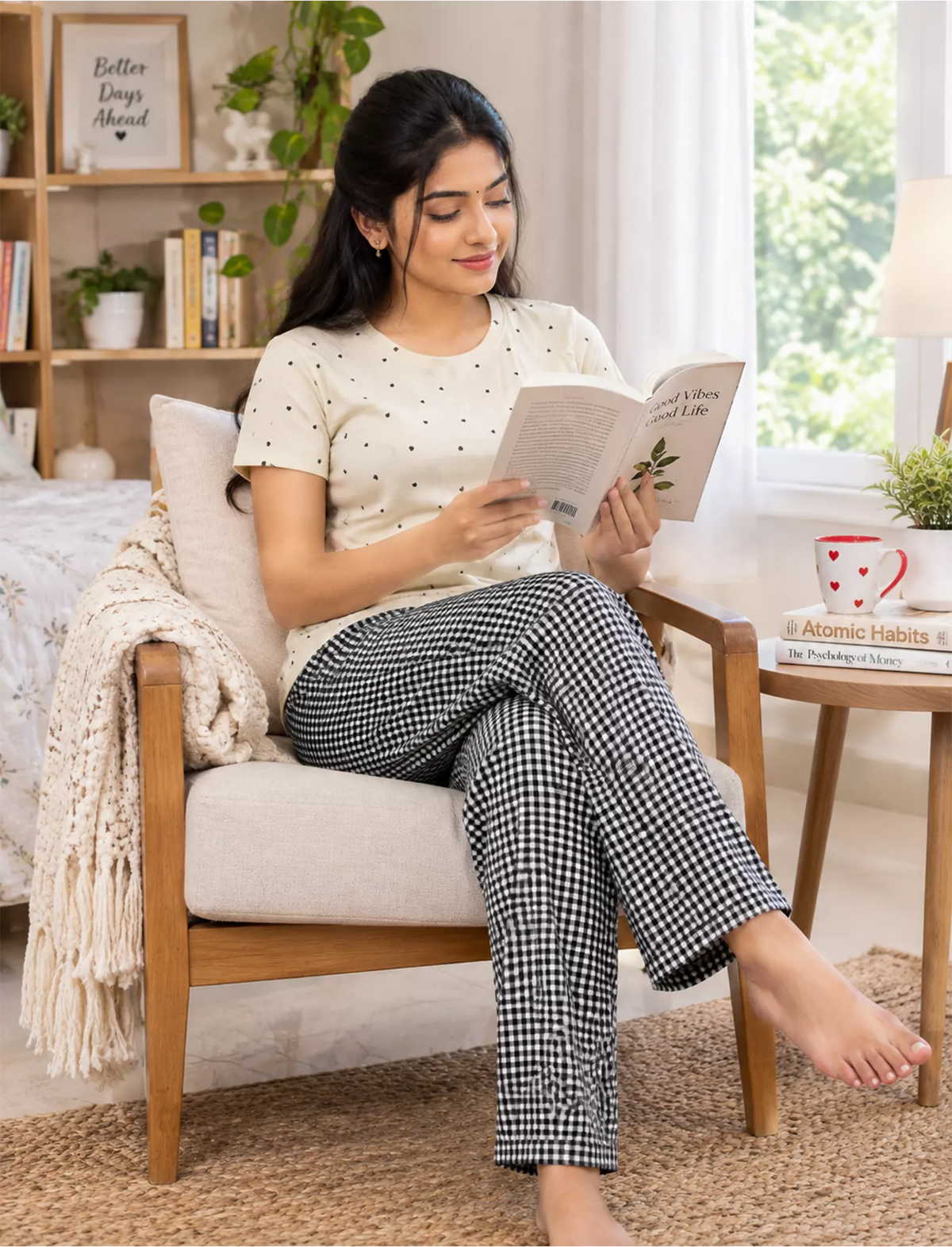 Cream Heart Black Check Pyjama Set with Pocket | Mangai Nighties