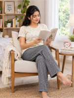 Cream Heart Black Check Pyjama Set with Pocket | Mangai Nighties