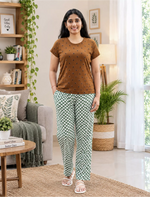 Brown Floral Green Checks Pyjama Set for Women | Mangai Nighties