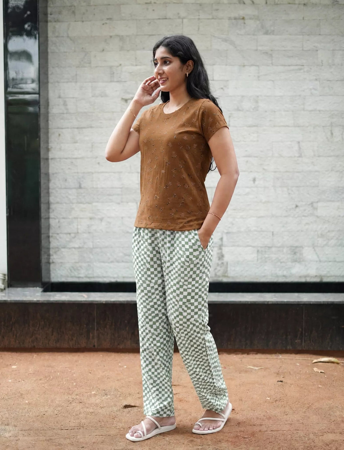 Brown Floral Green Checks Pyjama Set for Women | Mangai Nighties