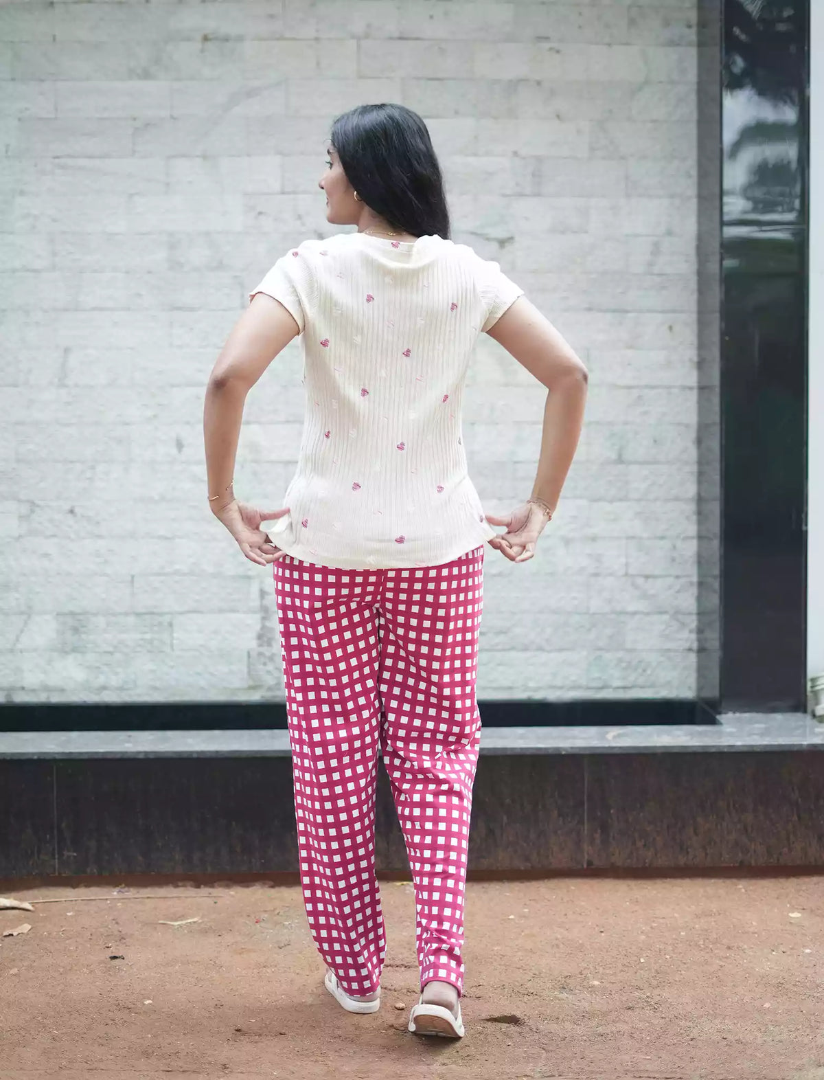 Pink Floral & Checks Ribbed Cotton Pyjama Set | Mangai Nighties