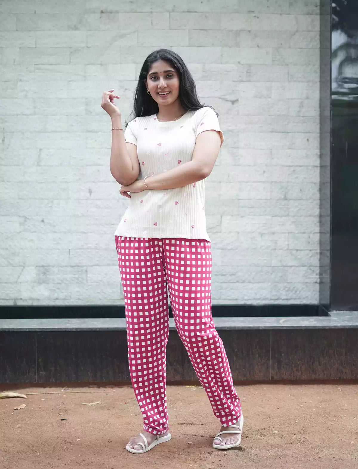 Pink Floral & Checks Ribbed Cotton Pyjama Set | Mangai Nighties