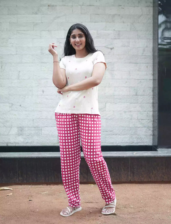 Pink Floral & Checks Ribbed Cotton Pyjama Set | Mangai Nighties
