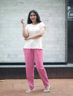 Pink Floral & Checks Ribbed Cotton Pyjama Set | Mangai Nighties