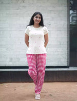 Pink Floral & Checks Ribbed Cotton Pyjama Set | Mangai Nighties